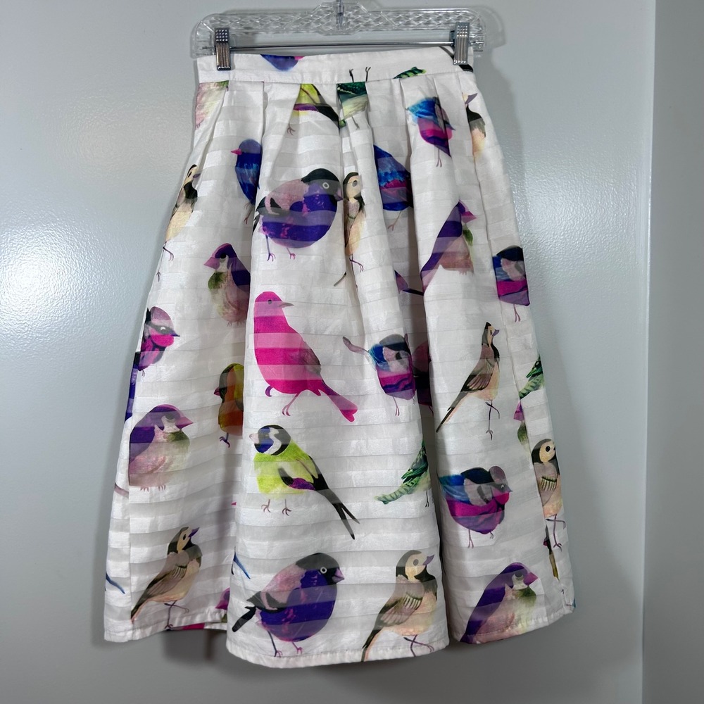 Chicwish White Bird Print Pleated Midi Skirt Small Colorful Whimsical A-Line
